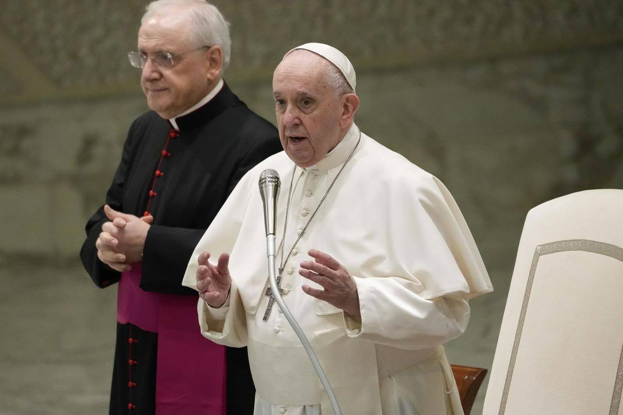 Pope Francis blesses faithful as he starts his weekly general audience in the Paul VI Hall at the Vatican, Wednesday, Nov. 24, 2021. THE CANADIAN PRESS/AP-Andrew Medichini