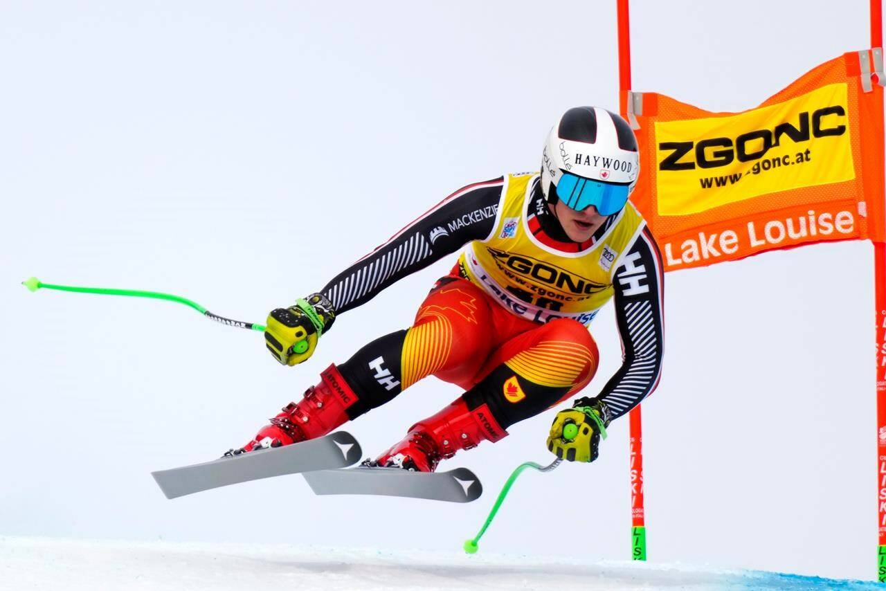 Brodie Seger of Canada flies down the course during the second Men’s World Cup downhill training run in Lake Louise, Alta., on November 24, 2021. THE CANADIAN PRESS/Frank Gunn