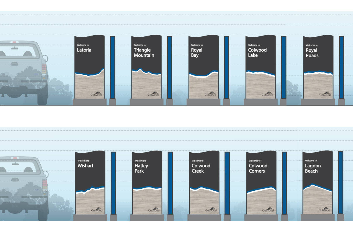 Examples of new City of Colwood wayfinding signage were shared in a recent presentation to council. (Courtesy of Cygnus Design Group/City of Colwood)