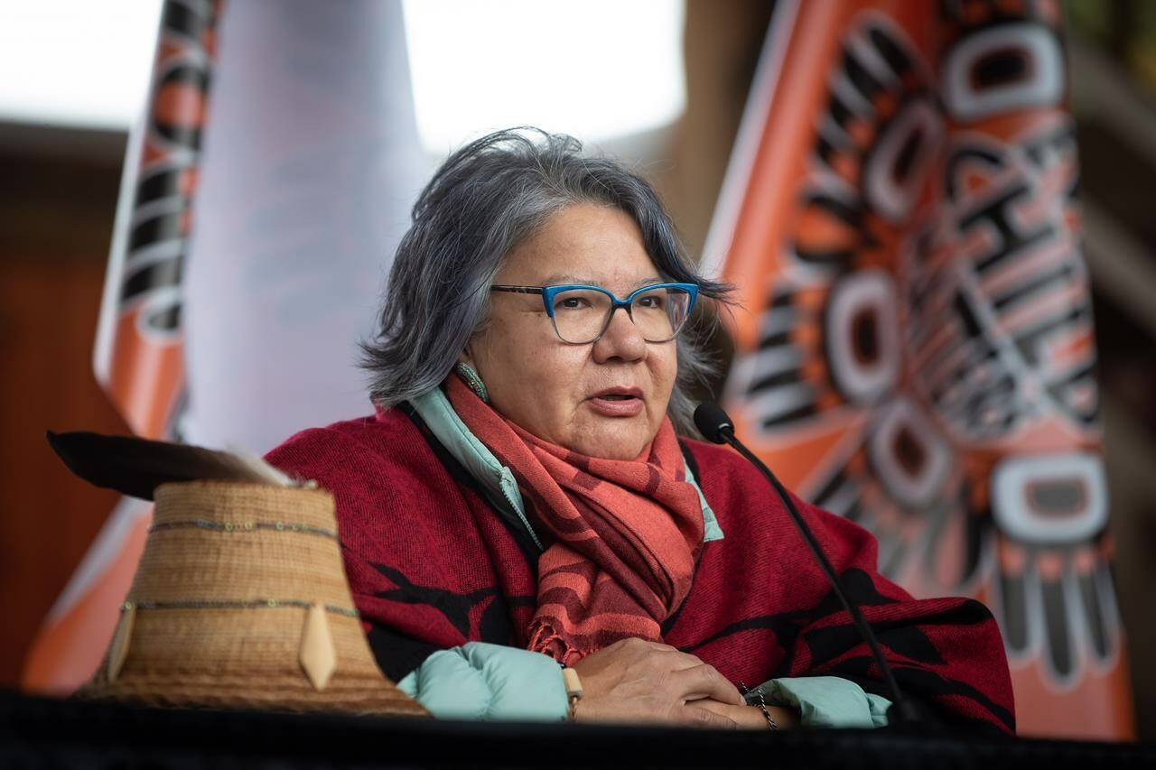 Assembly of First Nations National Chief RoseAnne Archibald speaks during a news conference in Kamloops, BC., on Thursday, September 30, 2021. Archibald says an upcoming delegation to the Vatican has been postponed.	 THE CANADIAN PRESS/Darryl Dyck