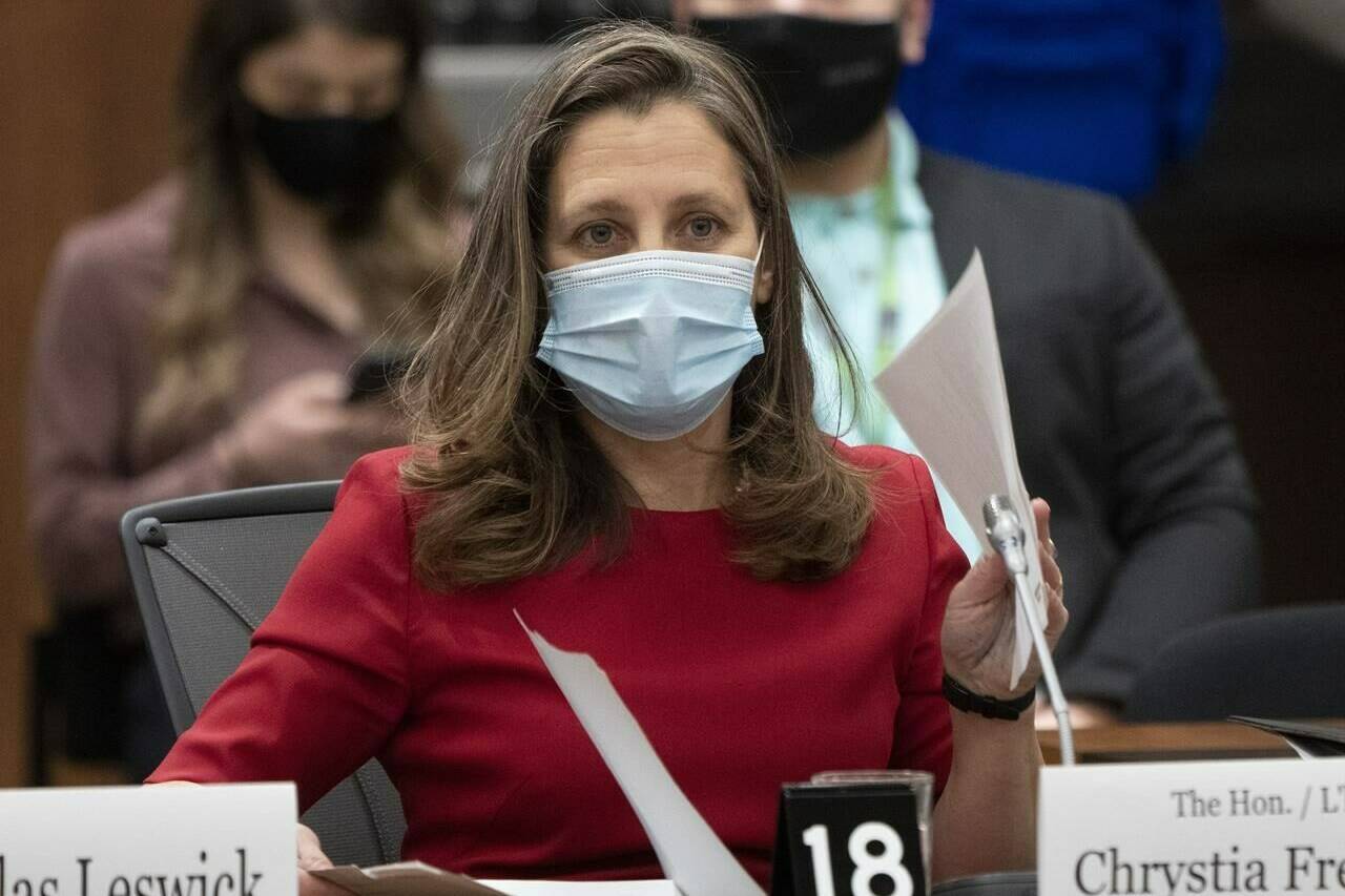 Deputy Prime Minister and Finance Minister Chrystia Freeland waits to appear before the House of Commons Finance committee, in Ottawa, Thursday, Dec. 9, 2021. THE CANADIAN PRESS/Adrian Wyld