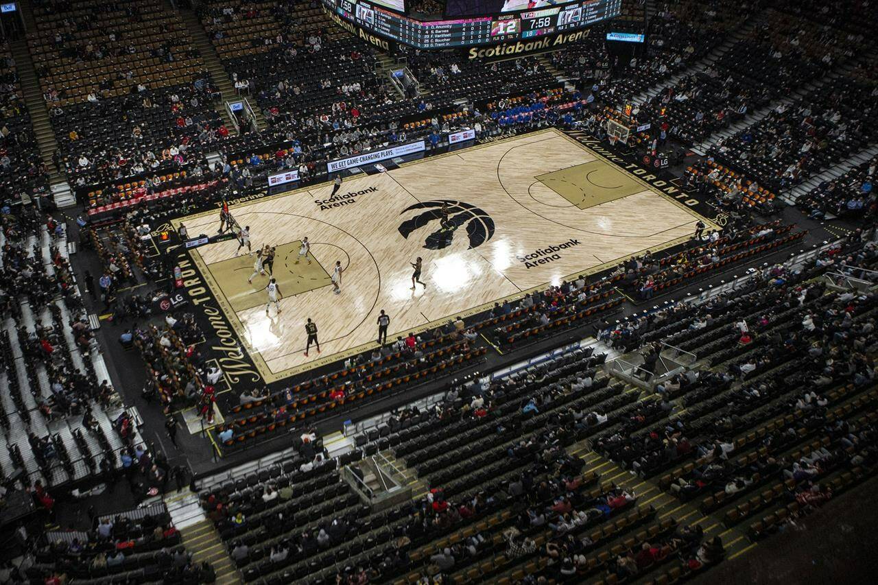 Empty seats are seen at the Scotiabank Arena as the Toronto Raptors take on the Golden State Warriors in NBA basketball action in Toronto on Saturday, December 18, 2021. THE CANADIAN PRESS/Chris Young