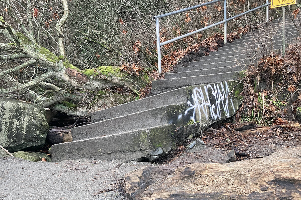The bottom section of the concrete stairs leading to Mount Douglas Beach are listing, with soil underneath undermined by high water flows from Mount Douglas Creek and the ocean. (Photo courtesy of Darrell Wick)