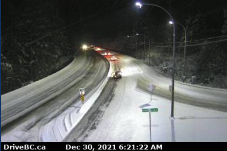 Drive BC limits travel on four major south Island highways, including the Malahat section of Highway 1, on Dec. 30 after heavy snowfall overnight. (DriveBC.ca)