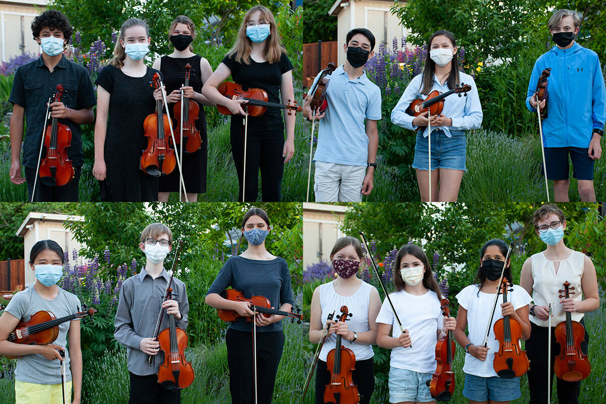 Nanaimo youth fiddle ensemble Fiddelium – Alistair Day, Morganna Parr, Katie McCulloch, Norah Figuera, Leo Javaheri, Mieka Schneidereit, Samuel Kurytnik, Ava Shaw, Lua Javaheri, Mia Stahuliak, Lucy Klan, Olivia Crowhurst, Ben Rainer, Winona Wang (clockwise from top left) and Samantha Hopkins (not pictured) – have released its first album. (Photos courtesy Trish Horrocks)