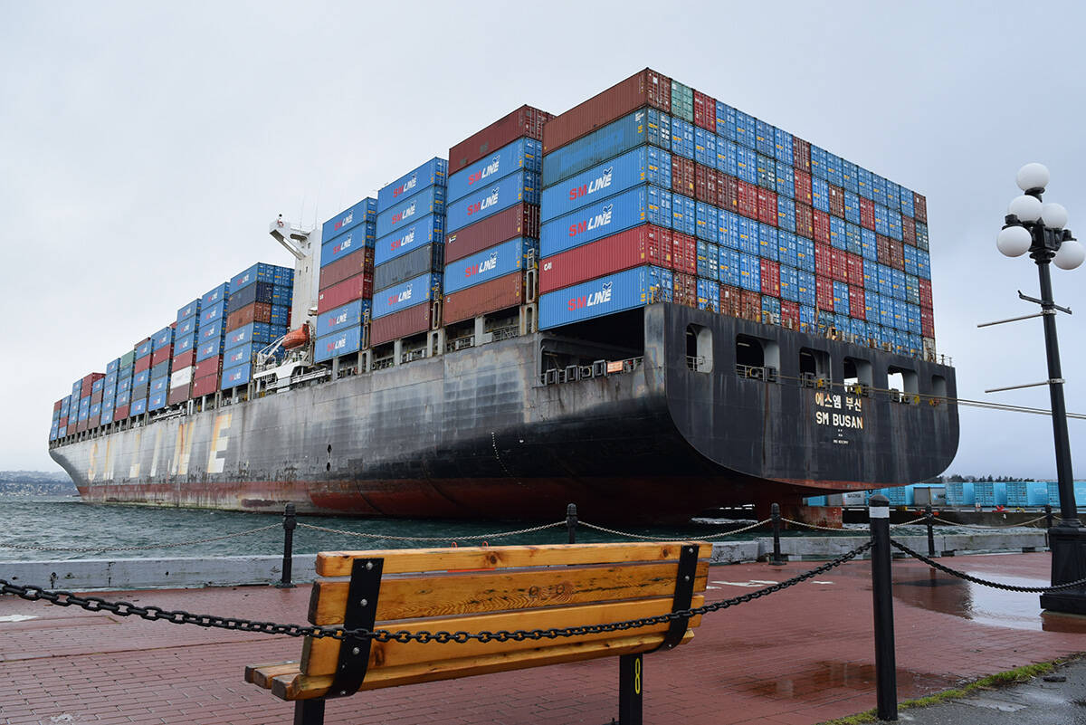 The SM Busan is expected to be moored at Victoria’s Ogden Point,for a month. (Kiernan Green/News Staff)