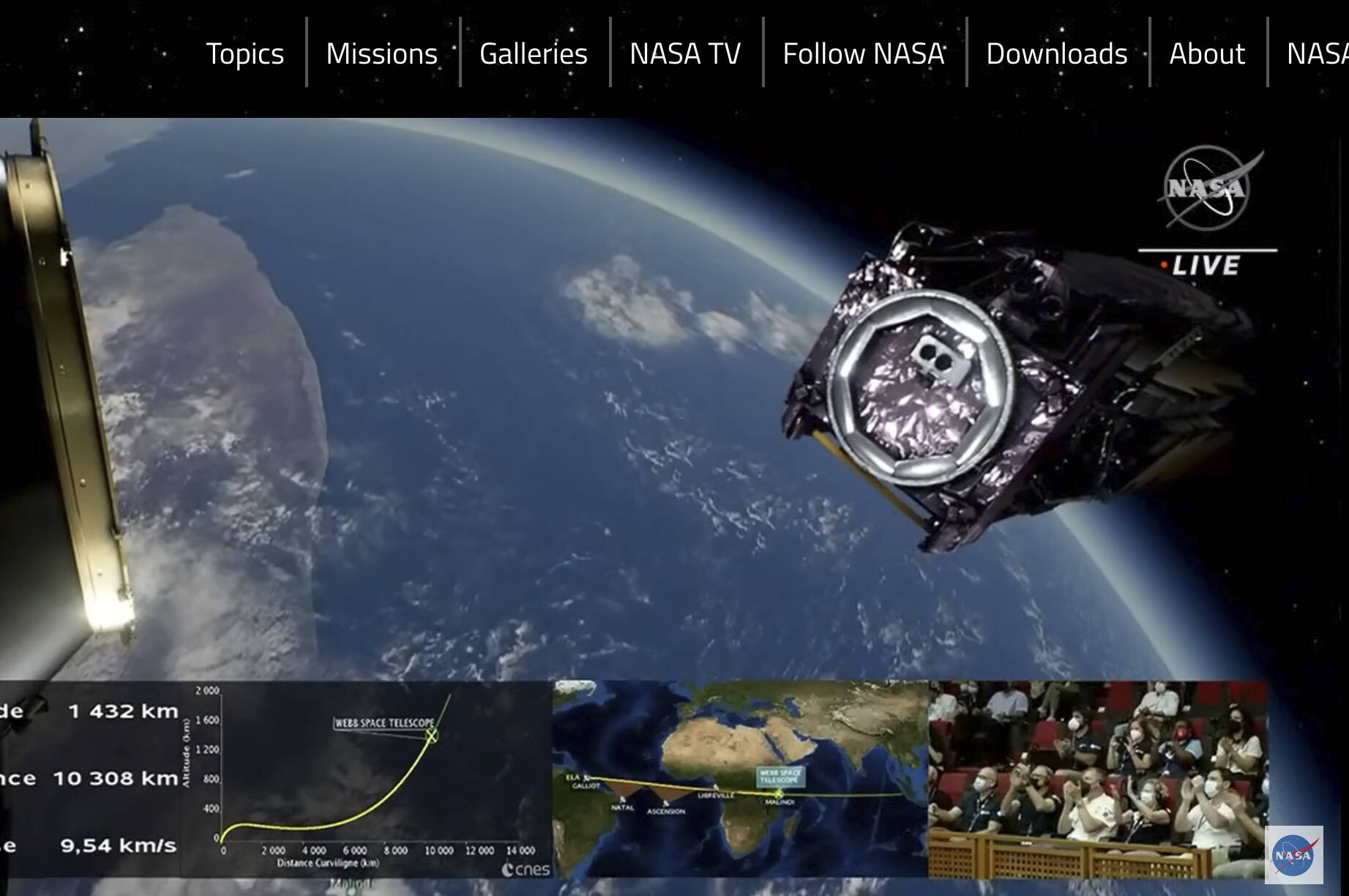 This photo provided by NASA, the James Webb Space Telescope is separated in space on Saturday, Dec. 25, 2021. NASA’s James Webb Space Telescope soared from French Guiana on South America’s northeastern coast, riding a European Ariane rocket into the Christmas morning sky. The $10 billion infrared observatory is intended as the successor to the aging Hubble Space Telescope. (NASA via AP)