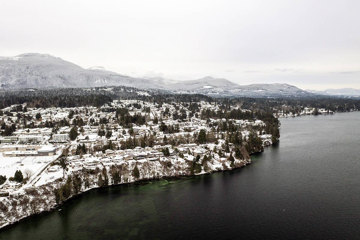 Drone view of Chemainus looking toward Beach Drive, Chemainus Secondary School and Daniel Street during a December dusting of snow. (Photo by Shawn Wagar)