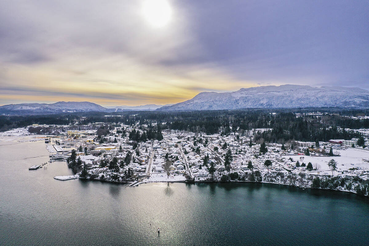 Cool view from a drone toward Kin Park in Chemainus and the surrounding area during a December dusting of snow. (Photo by Shawn Wagar)