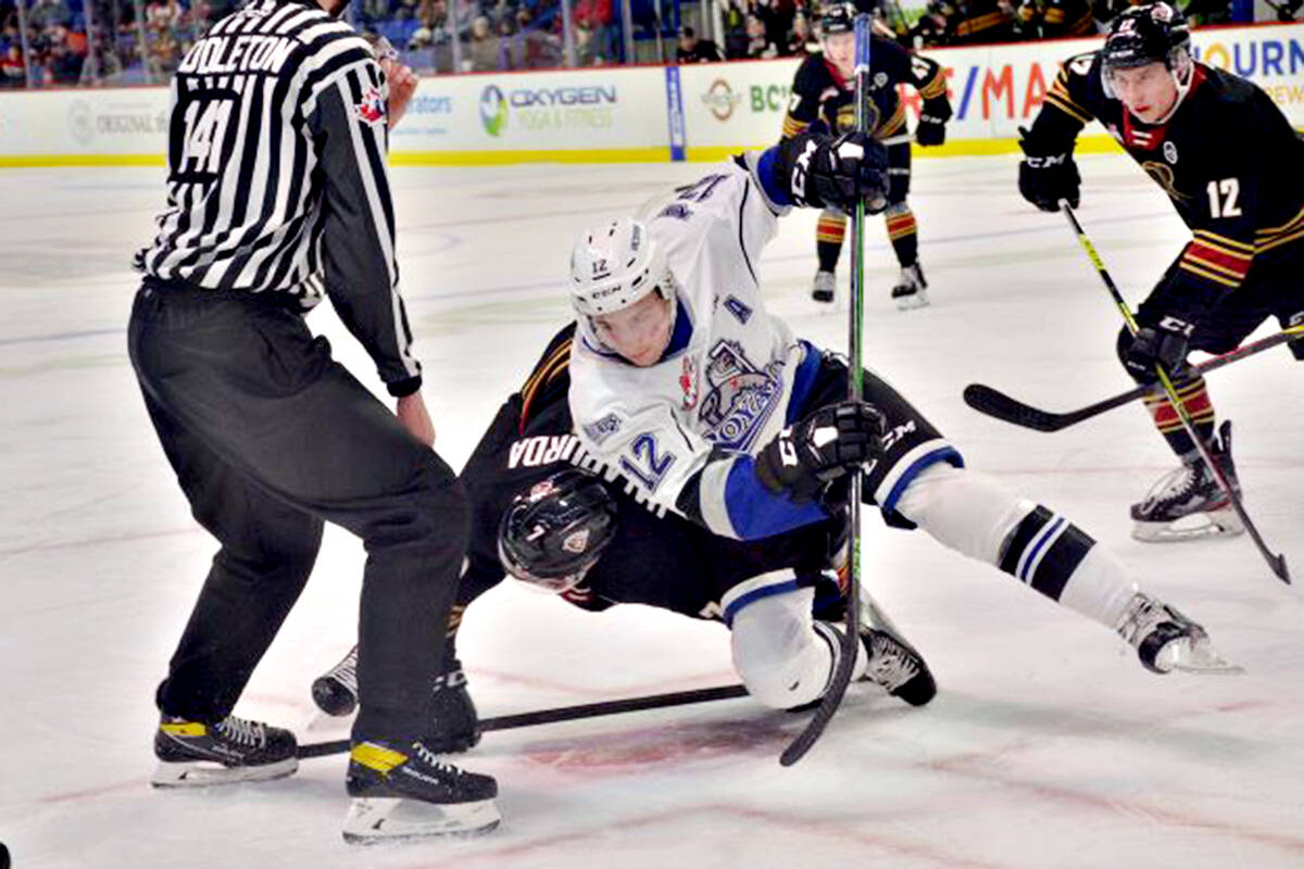 Evan Patrician (12) and the Victoria Royals, in action in November against the Vancouver Giants, are on pause for the Western Hockey League season. The Royals announced Friday (Jan. 7) their upcoming games against Spokane Jan. 11 and 12 are cancelled due to players and staff being added to the WHL’s COVID protocols list. (Gary Ahuja, Langley Events Centre/Special to Langley Advance Times)
