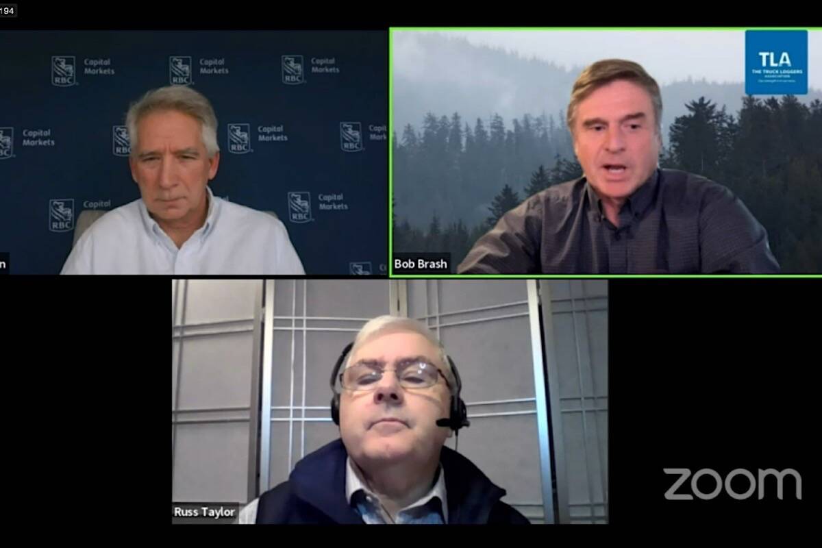 RBC Dominion Securities analyst Paul Quinn, Truck Loggers Association executive director Bob Brash and consultant Russ Taylor speak to delegates at the association’s virtual convention, Jan. 12, 2022. (TLA video)