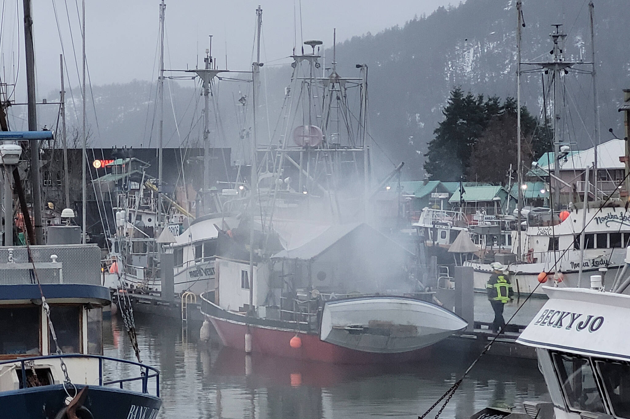 Port Alberni firefighters respond to a boat fire on Jan. 11. (PHOTO COURTESY SUSAN ROTH)