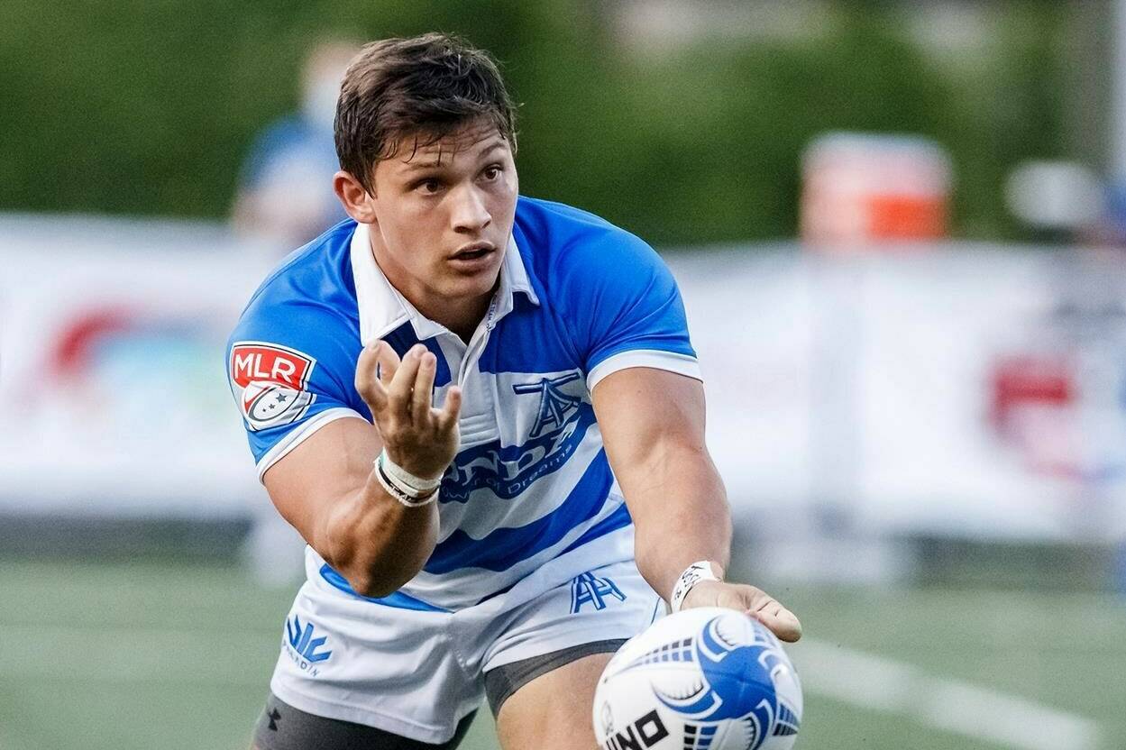 Toronto Arrows and Canada scrum half Ross Braude spins a pass during Major League Rugby action in Georgia last season. The Arrows take on Los Angeles Giltinis on Feb. 11 at Starlight Stadium in Langford. (THE CANADIAN PRESS/HO-Toronto Arrows-Karl Moore)