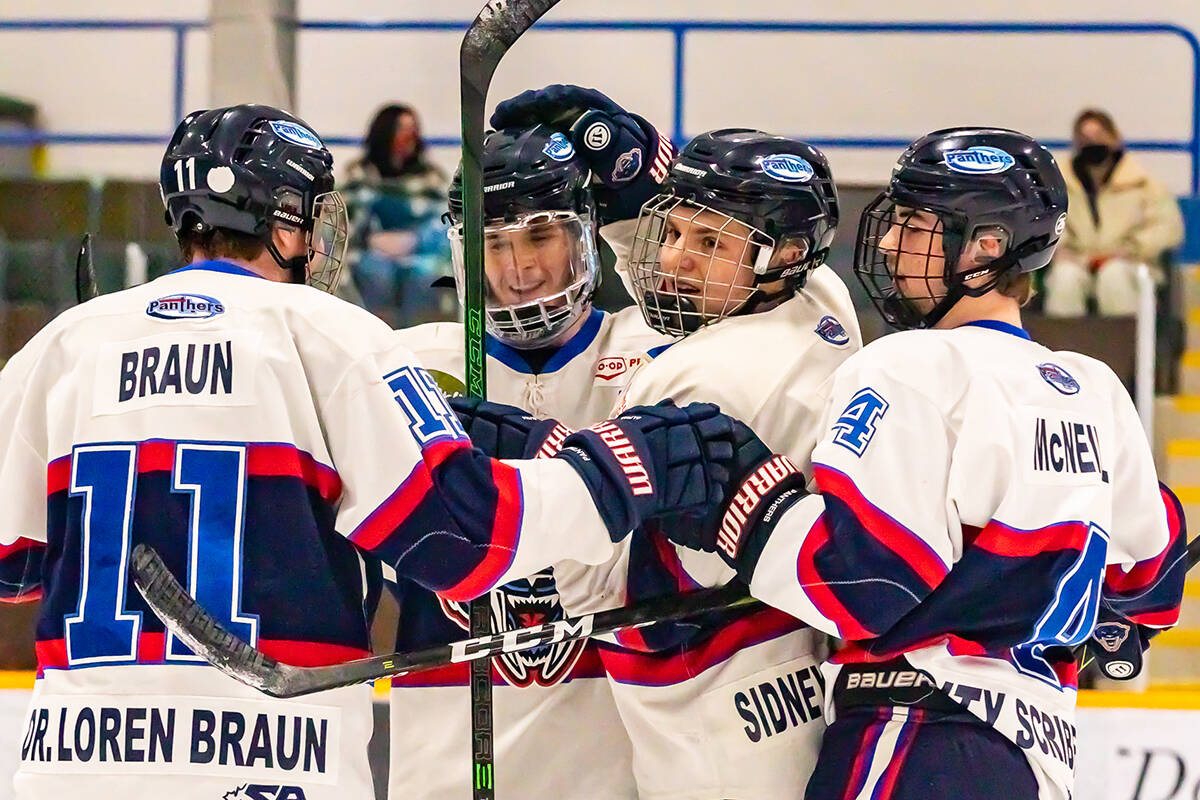 The Peninsula Panthers celebrate after scoring against the Victoria Cougars Sunday afternoon. (Courtesy of the Peninsula Panthers)