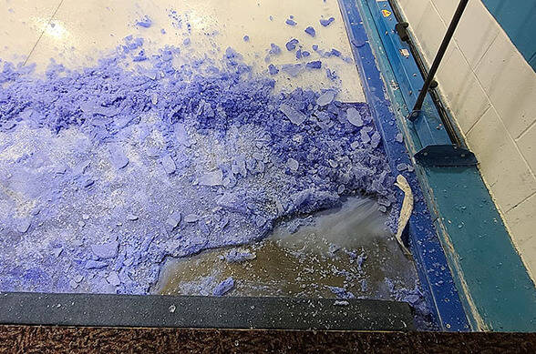 A photo from the Glen Harper Curling Centre Facebook page shows damage to the ice after the ice plant failed earlier this month. (Facebook.com/curlinginduncan)