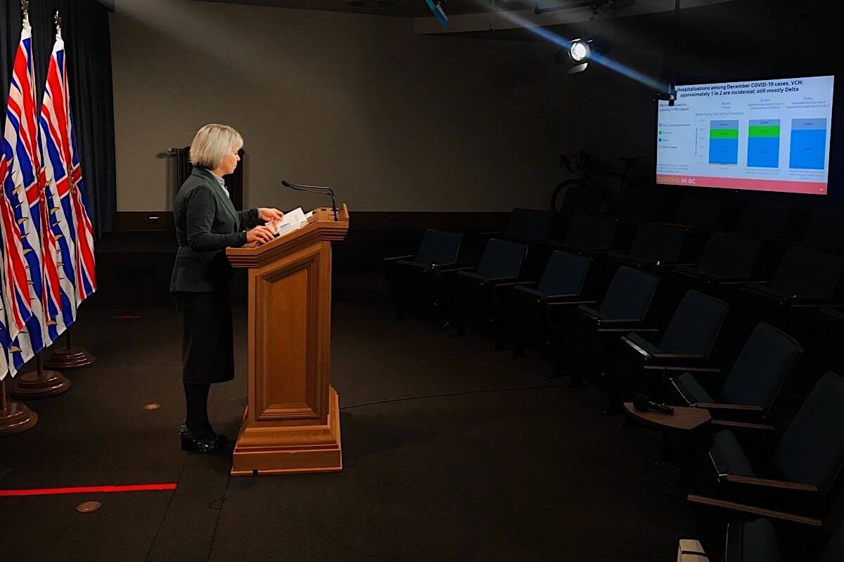 Provincial health officer Dr. Bonnie Henry described B.C.’s latest COVID-19 analysis and modelling at the B.C. legislature, Jan. 14, 2022. (B.C. government photo)