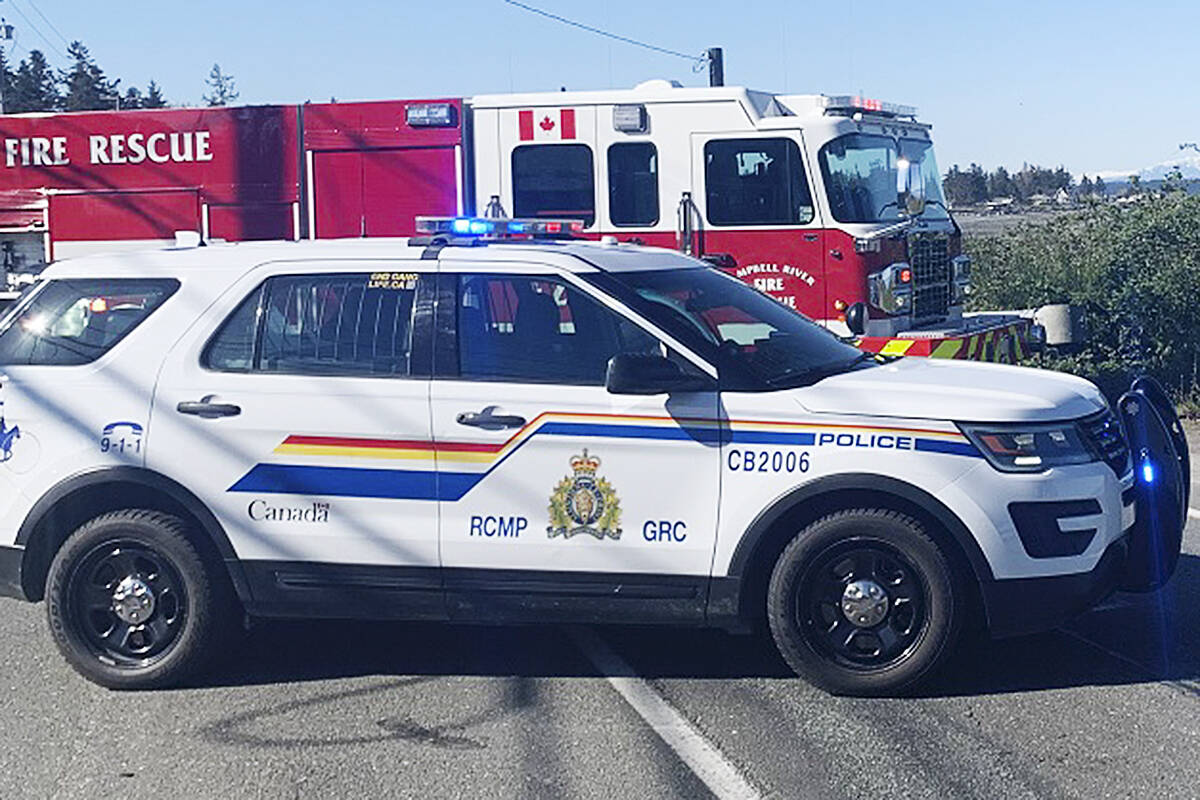 Campbell River RCMP and Campbell River Fire Rescue at accident scene on HIghway 19A on April 18. Campbell River RCMP photo
