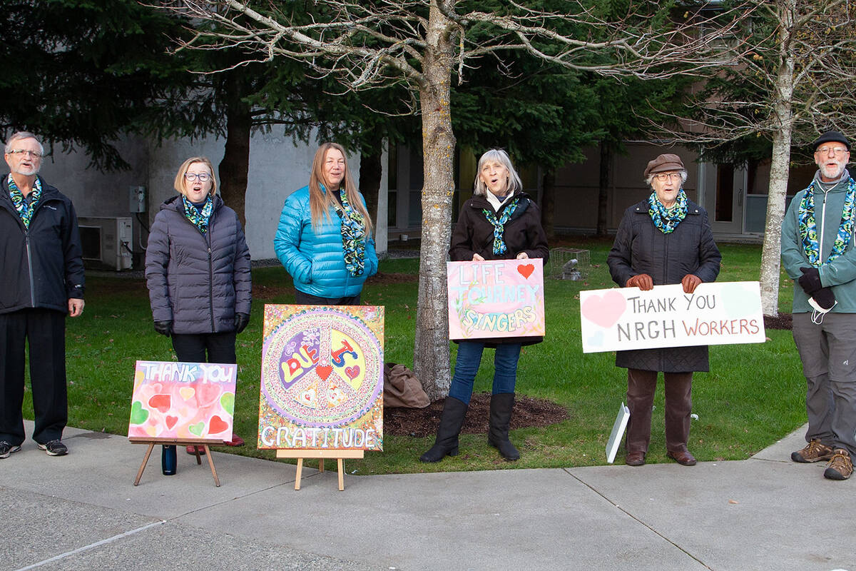 The Life Journey Singers – John Bullas, Carolyn Franklin, Jennie Jones, Sharon Horncastle, Dorothy Mandy and Brian Short (from left) – have been serenading workers at Nanaimo Regional General Hospital since last fall. (Photo courtesy Jim Horncastle)