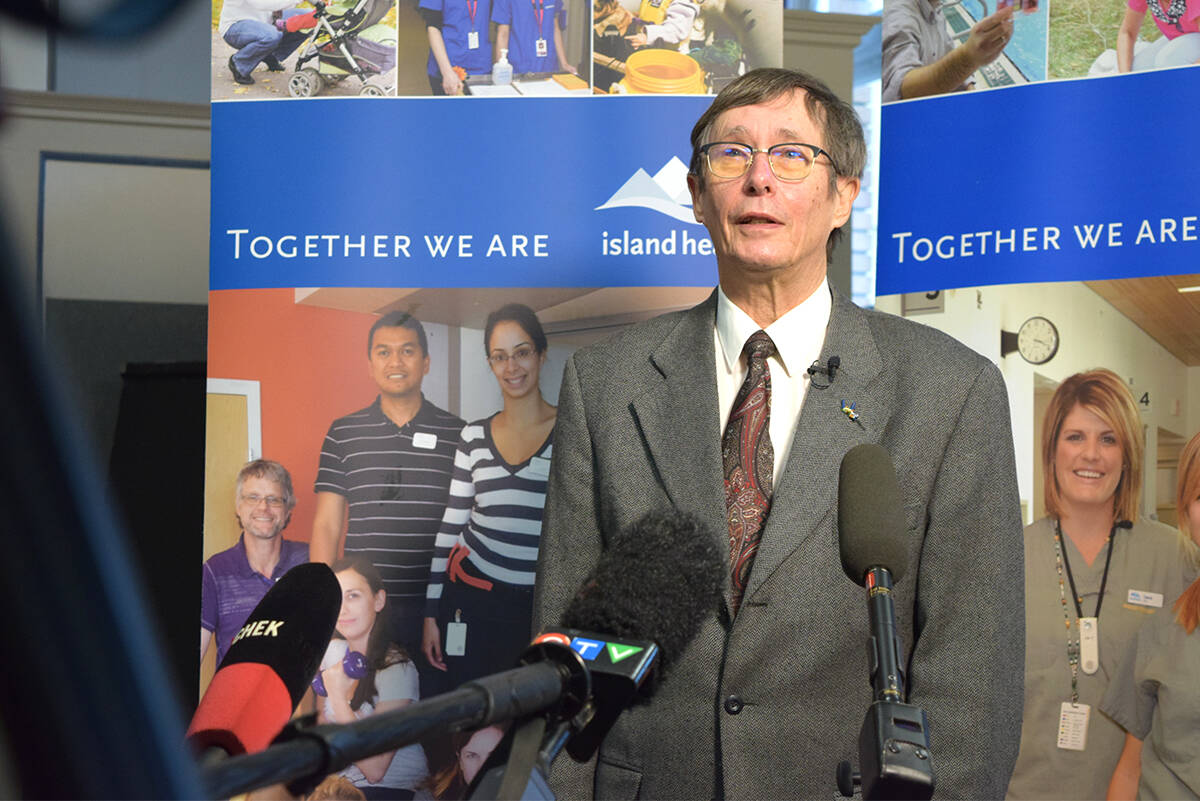 Dr. Richard Stanwick spoke with press at the Royal Jubilee Hospital’s Begbie Hall regarding his retirement on Jan. 27. (Kiernan Green/News Staff)