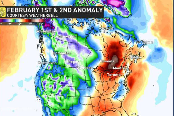 A weather map shows colder temperatures in store for western Canada, Vancouver Island and the Comox Valley in early February. Weather Network screenshot