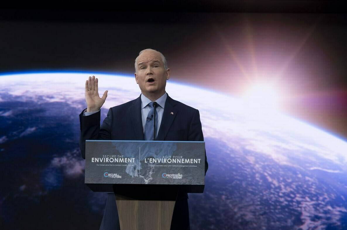 Leader of the Opposition Erin O’Toole speaks about climate change during an announcement at an event in Ottawa, Thursday April 15, 2021. A Conservative riding association has launched a petition against leader Erin O’Toole’s decision to introduce a carbon tax. THE CANADIAN PRESS/Adrian Wyld