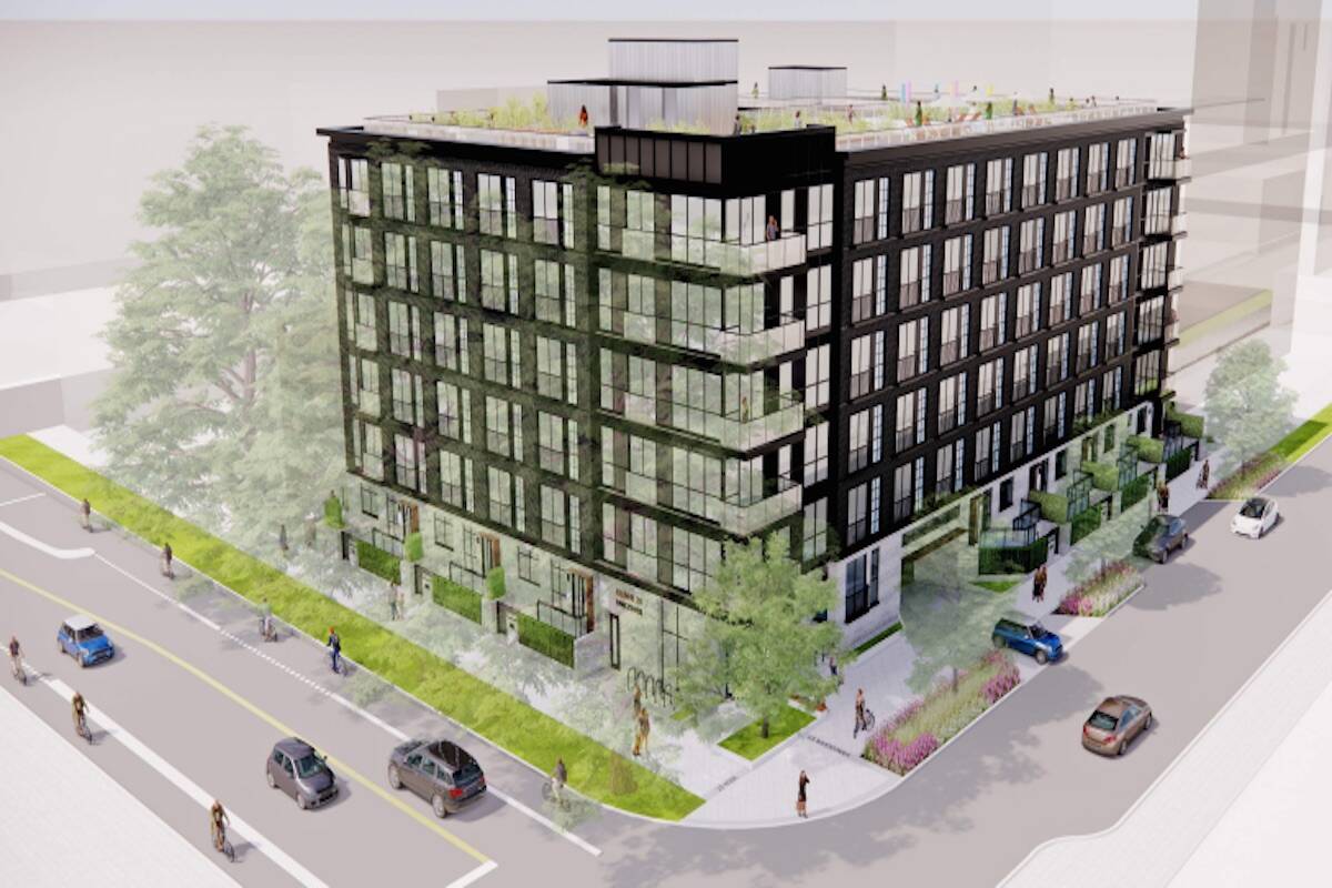 Rendering shows a 162-unit apartment building proposed for the southwest corner of Vancouver and View streets. (Photo courtesy of Ciccozzi Architecture)