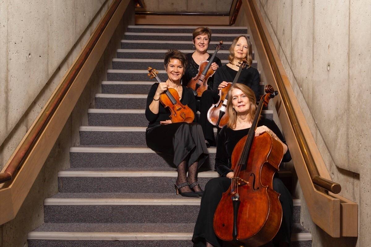 The Lafayette String Quartet – Ann Elliott-Goldschmid, Sharon Stanis, Joanna Hood, Pam Highbaugh Aloni – leave a legacy as the musicians prepare to take a final bow together in August 2023. (UVic Photo Services)