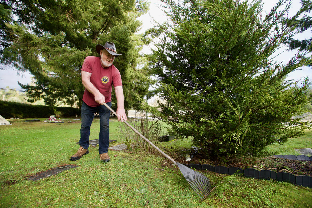Sooke Lions Club volunteer Gerry St. Laurent helps cleanup and maintain the Sooke Harbour Cemetery several days a week. The club has been maintaining it for free since 1989. (Justin Samanski-Langille/News Staff)