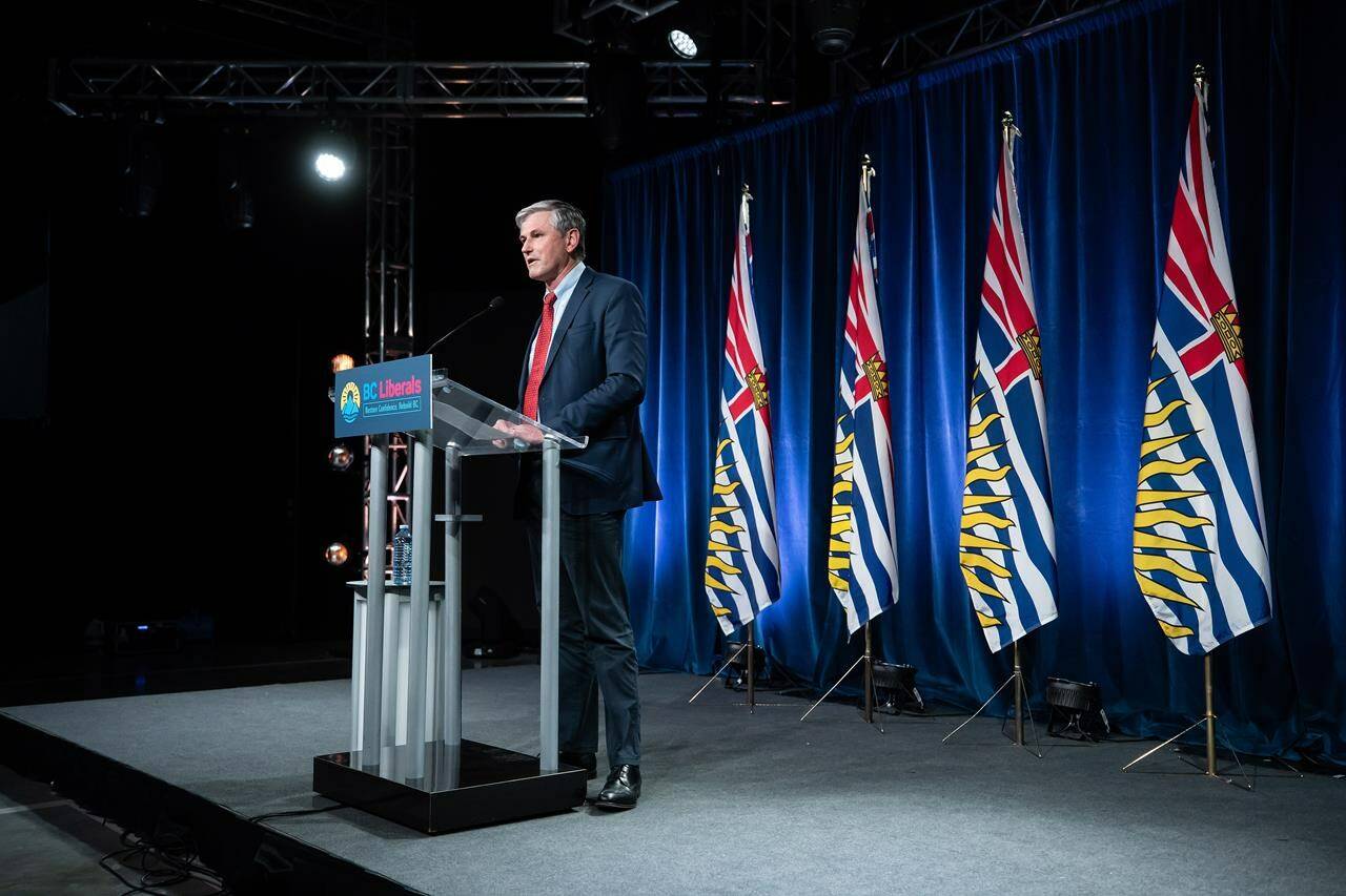 B.C. Liberal Leader Andrew Wilkinson announces he is stepping down as party leader, during a news conference in Burnaby, B.C., on Monday, October 26, 2020. A judge is set to deliver her decision Saturday over a petition that asked the British Columbia Supreme Court to delay the release of results from the B.C. Liberal party's leadership vote scheduled for this evening.THE CANADIAN PRESS/Darryl Dyck