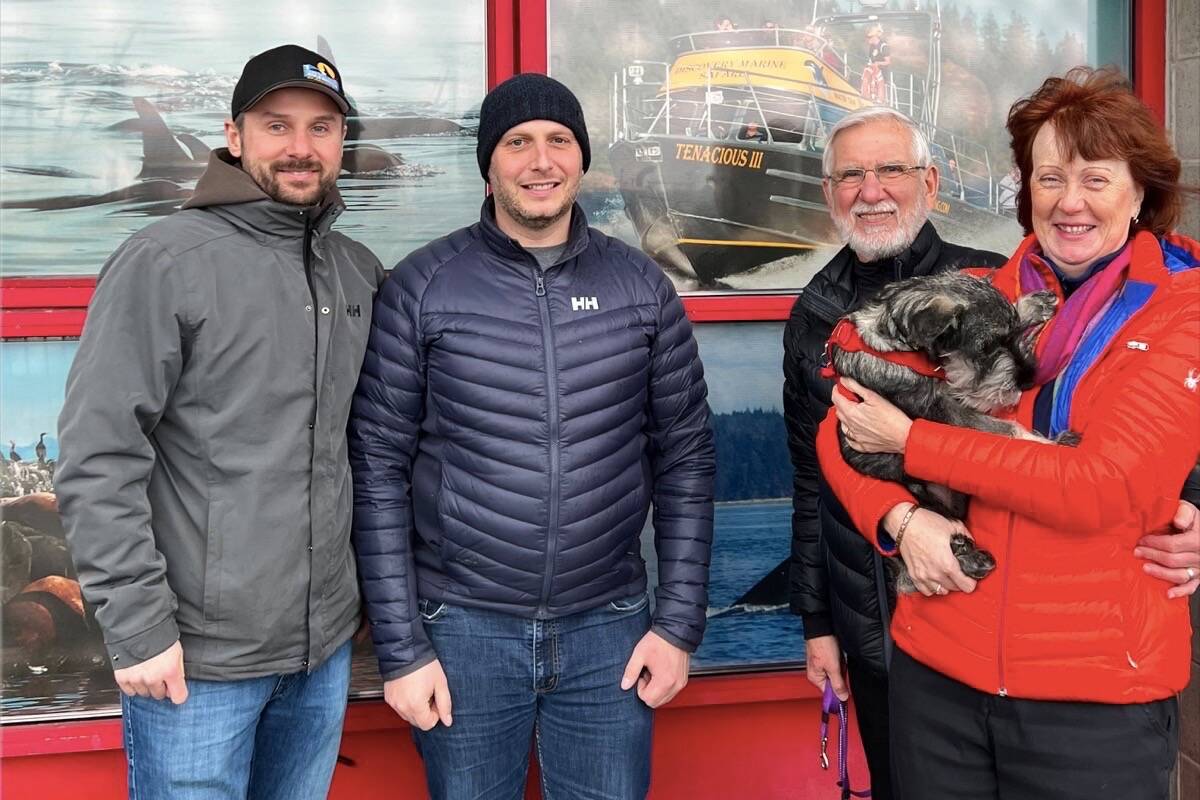 Tyler Bruce (l-r) and Stephen Gabrysh, of Campbell River Whale Watching, with Wayne Garton and Heike Garton, of Discovery Marine Safaris. Photo courtesy Campbell River Adventure Tours Group.