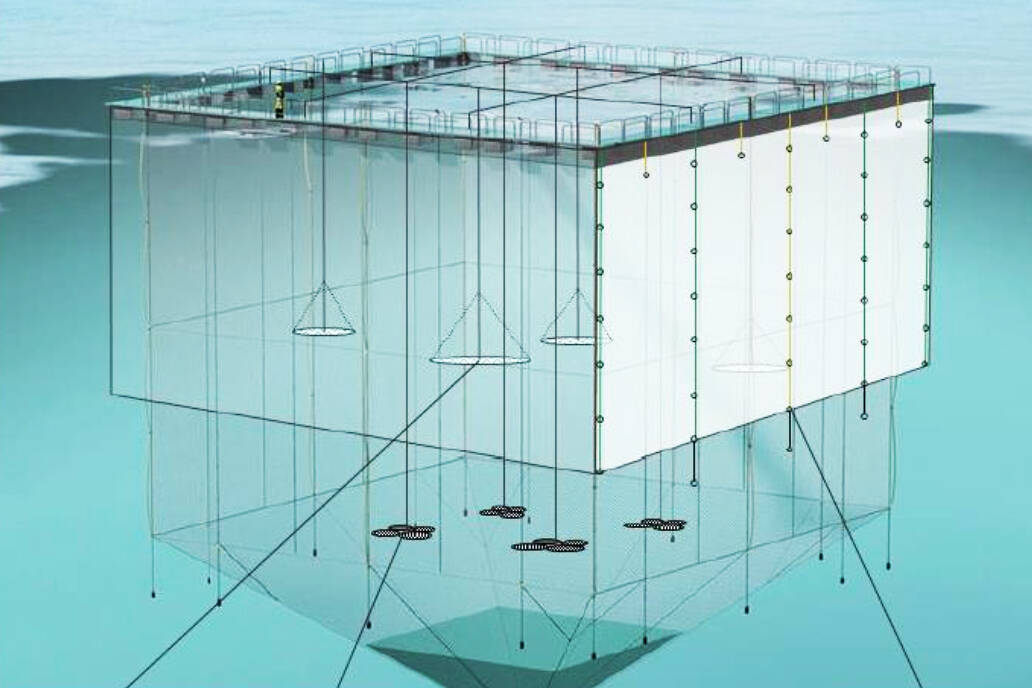 A diagram of the semi-closed containment system Grieg Seafood BC Ltd. has trialed, showing tarp barriers extended (cropped for web). Figure courtesy Grieg.