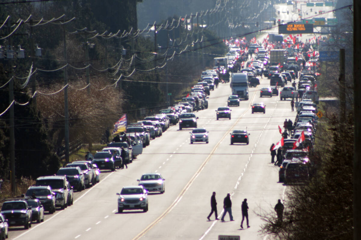 The “3rd Lower Mainland Freedom Convoy” arrived in South Surrey Saturday (Feb. 12) after starting in Chilliwack earlier in the morning. (Photo: Lauren Collins)