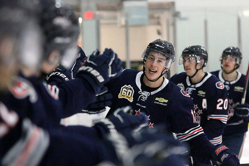 Cowichan Valley Capitals forward David Jacobs celebrates a powerplay goal in a 5-3 win over the Alberni Valley Bulldogs on Wednesday, Feb. 9. (Kevin Rothbauer/Citizen)
