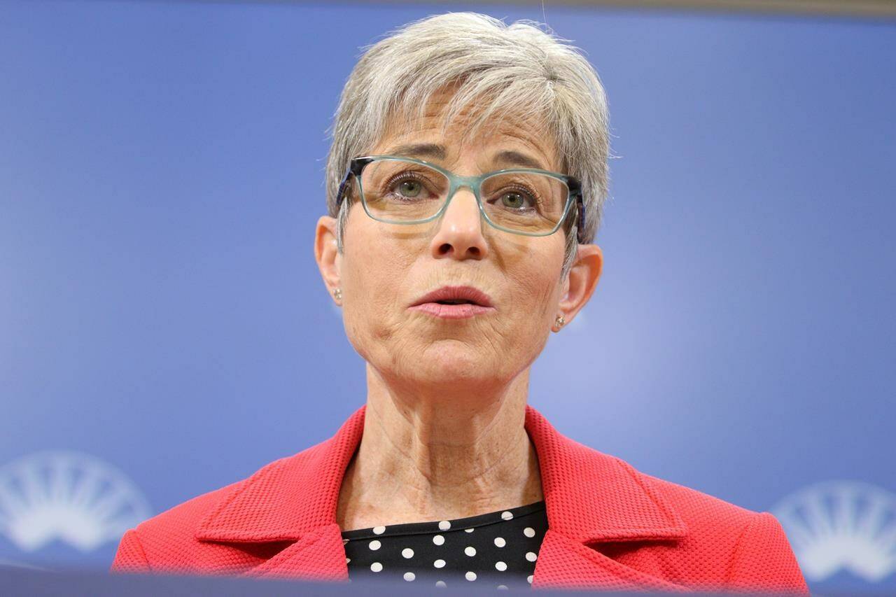 Finance Minister Selina Robinson is photographed during a news conference ahead of the budget while at legislature in Victoria on Monday, February 21, 2022. THE CANADIAN PRESS/Chad Hipolito