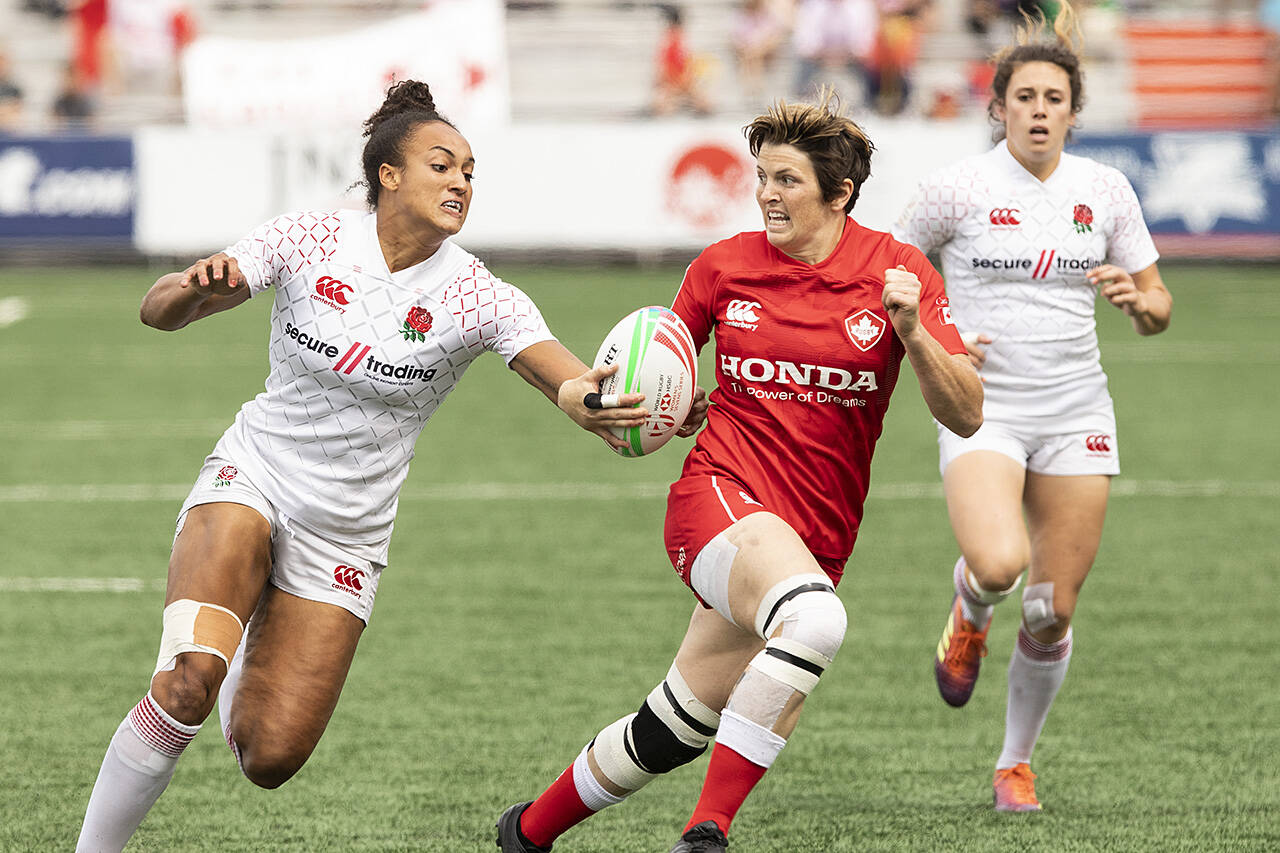 Team Canada’s Brittany Benn drives to the end zone in the HSBC World Rugby Women’s Sevens Series 2019 stop in Langford. Team Canada went on to take 5th place in the tournament with a 31-7 victory over England. (Black Press Media file photo)