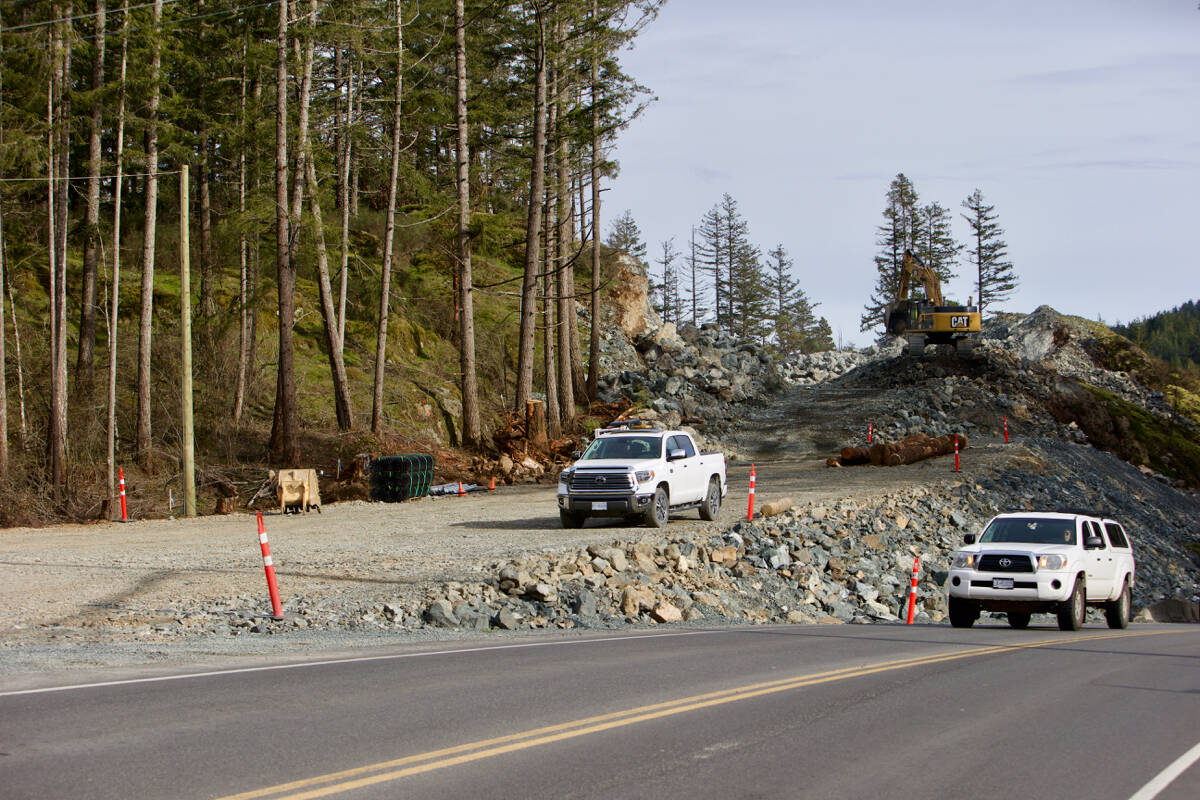 Crews continue work on improvements to Highway 14 just east of Sooke on Feb. 23. The province said the project remains on budget and on schedule to be mostly complete come the fall. (Justin Samanski-Langille/News Staff)