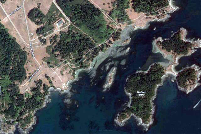 Bentinck Island, off Metchosin, will be in use for terrestrial demolition by the Department of National Defencefrom March 3 to 9. (File - Black Press)