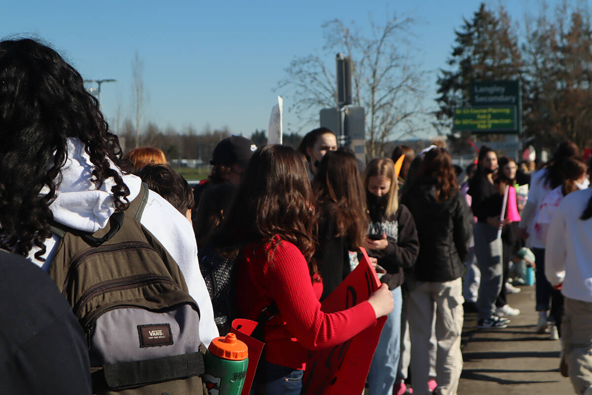 Langley Secondary students protested outside the school building against SD 35’s code of conduct on sexual assault cases in school. (Tanmay Ahluwalia/Langley Advance Times)
