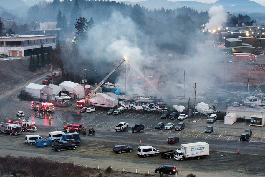 One person was taken to hospital after a boat caught fire on land at Ladysmith’s Fishermen’s Wharf early in the morning of Feb. 26. (Photo submitted by Mike Christensen)