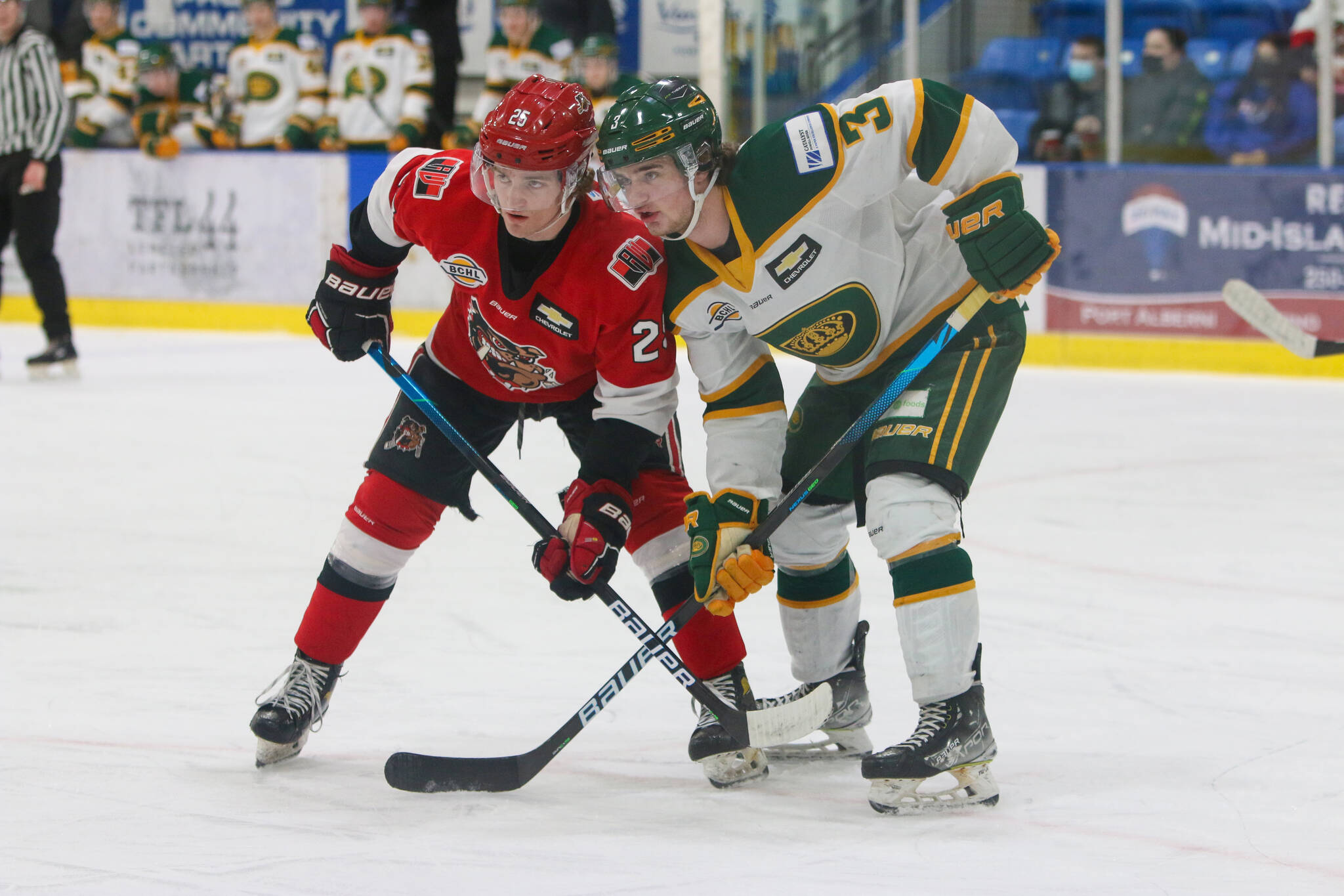 Cole Melady of the Alberni Valley Bulldogs squares up with Casey Aman of the Powell River Kings in the faceoff circle. (PHOTO COURTESY KAICEE TROTT)