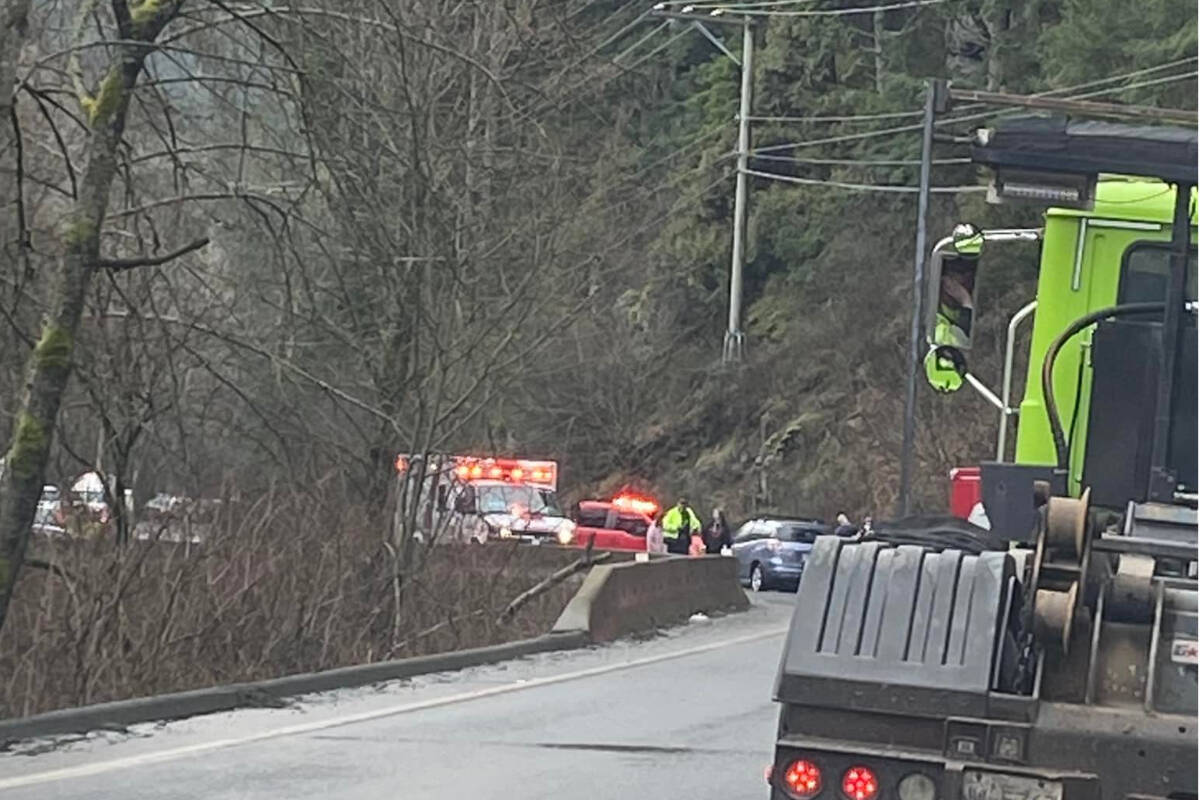 Traffic was backd up on Sooke ROad due to a orllover crash around 3 p.m. Wednesday afternoon. (Courtesy of EMily Campbell-Meznies/Facebook)