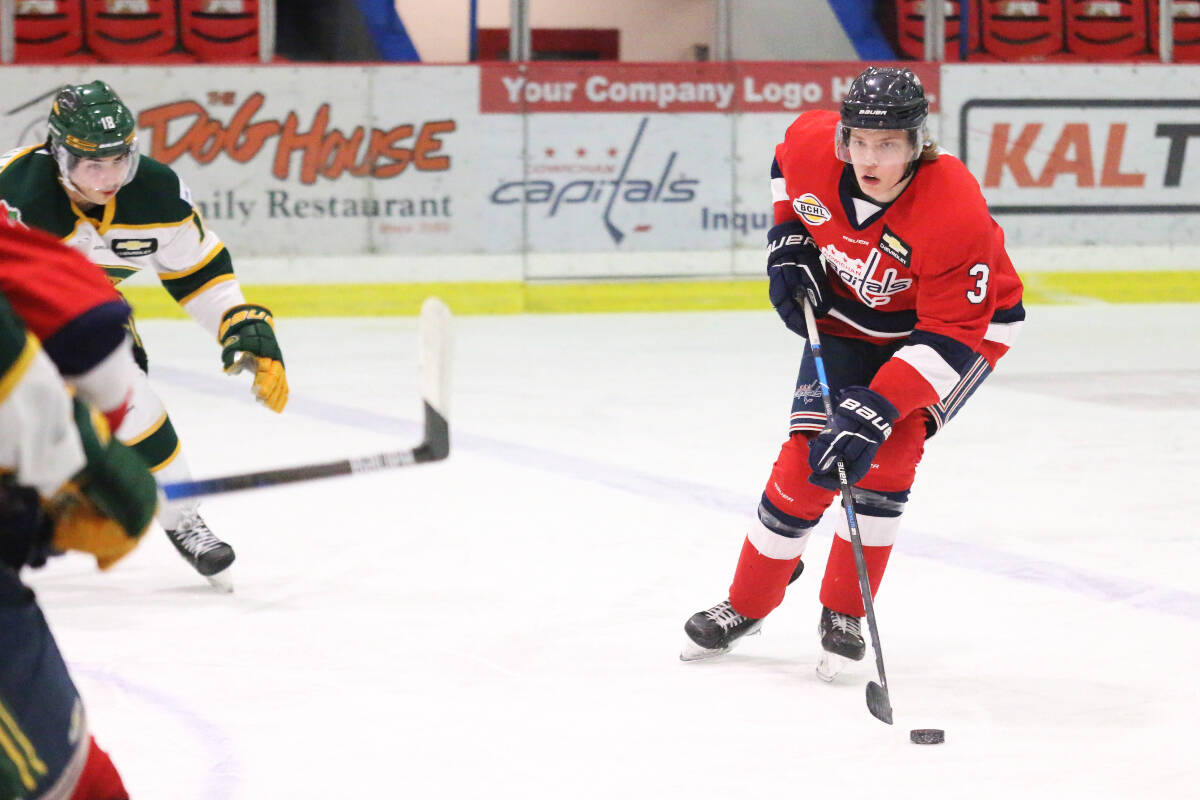 Cowichan Valley Capitals defenceman Zach Brault carries the puck out of his team’s defensive zone during a 5-3 win over the Powell River Kings at the Cowichan Arena last Sunday. (Kevin Rothbauer/Citizen)