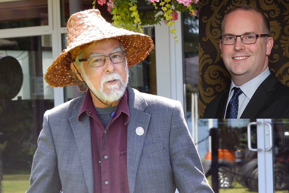 Qualicum Beach First Nation chief Michael Recalma is recovering from kidney transplant that was made possible by Qualicum Beach Coun. Scott Harrison (inset) and the donation of his kidney. (PQB News file photo)
