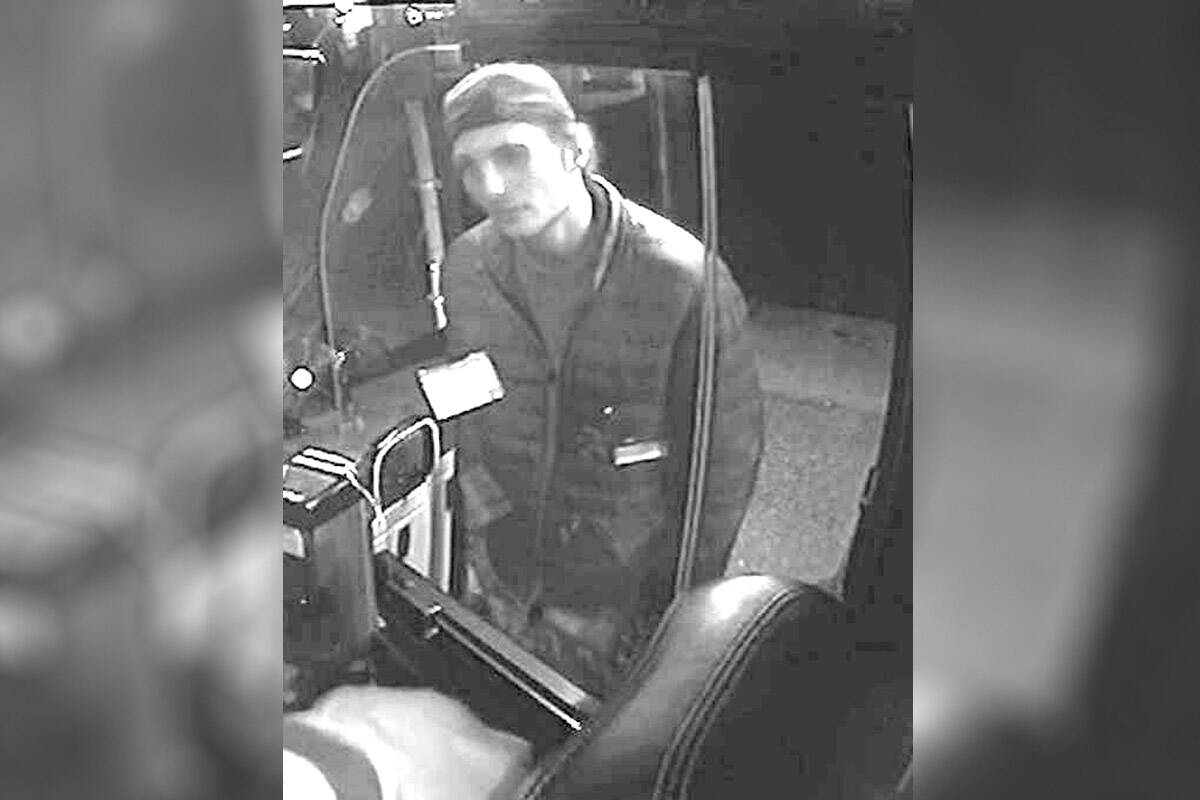 Victoria police are looking for this suspect who reportedly spat on and threatened a BC Transit bus driver. (Photo courtesy of VicPD)