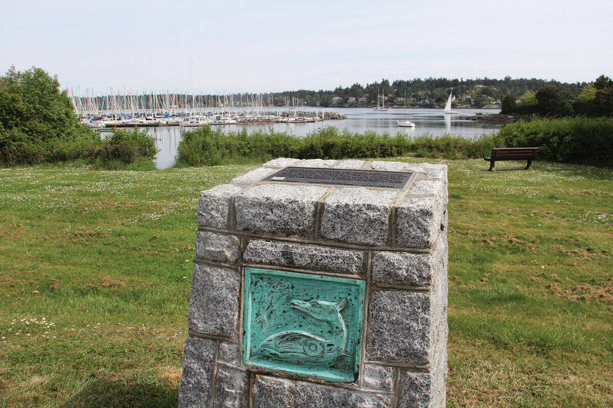A stone monument overlooking Loon Bay near the Royal Victoria Yacht Club is among those referencing pre-contact history in Oak Bay. The district gathered data on all its monuments and language in preparation for potential review. (Christine van Reeuwyk/News Staff)