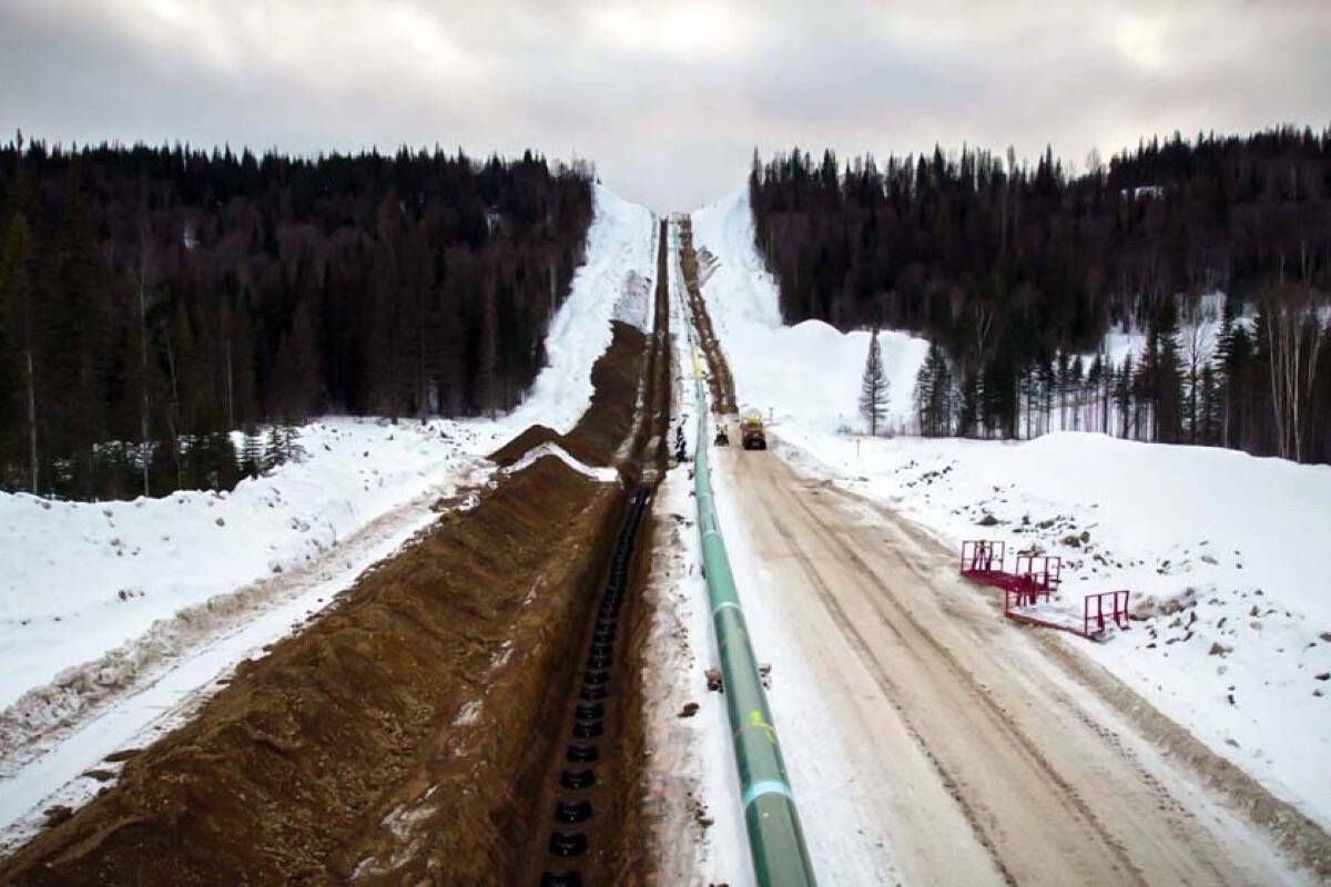 Coastal GasLink pipeline near Parsnip River crossing in northern B.C., February 2022. The project has used trenchless tunnel boring to cross the Salmon and Parsnip Rivers. Its crossing of the Morice River near Houston has been a target of vandalism and roadblocks. (Coastal GasLink photo)