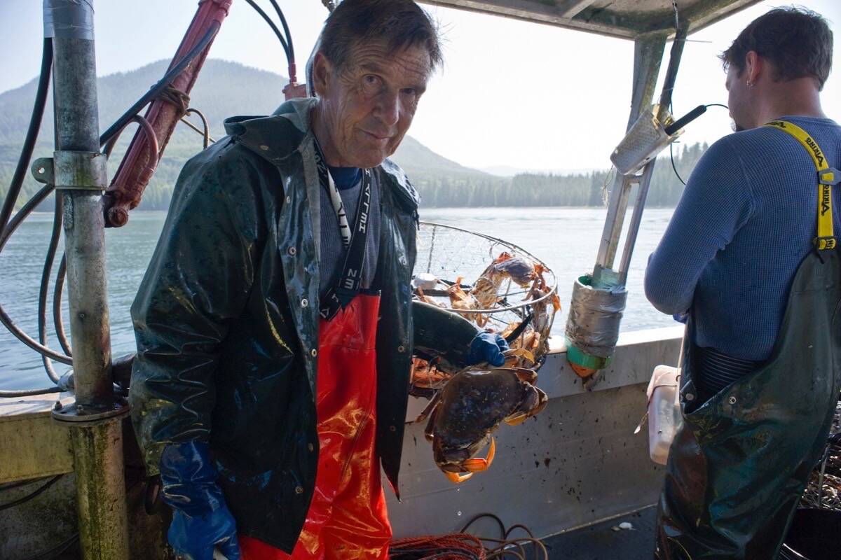 Longtime Tofino crab fisher Jeff Edwards holds up a Dungeness crab aboard his vessel ‘Camegan’. (Submitted photo)