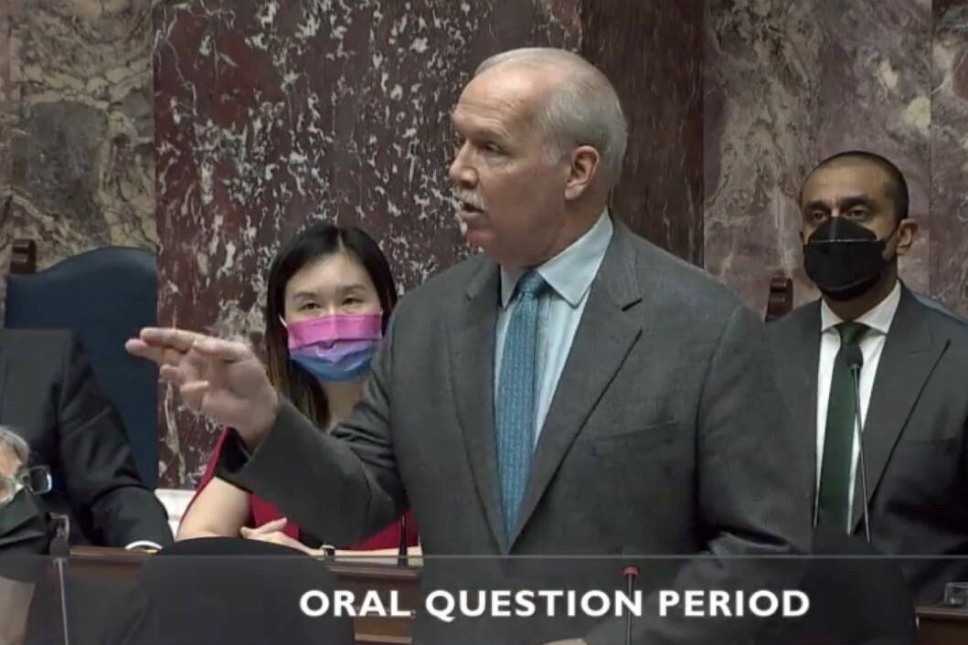 Premier John Horgan makes a point during question period in the B.C. legislature last month. He vowed March 9 to see an all-party committee created to research and recommend opioid policy solutions. (Hansard TV)