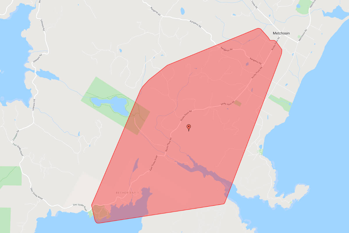 An outage is impacting almost 650 BC Hydro customers in Metchosin and the Beecher Bay area. (BC Hydro outage map)