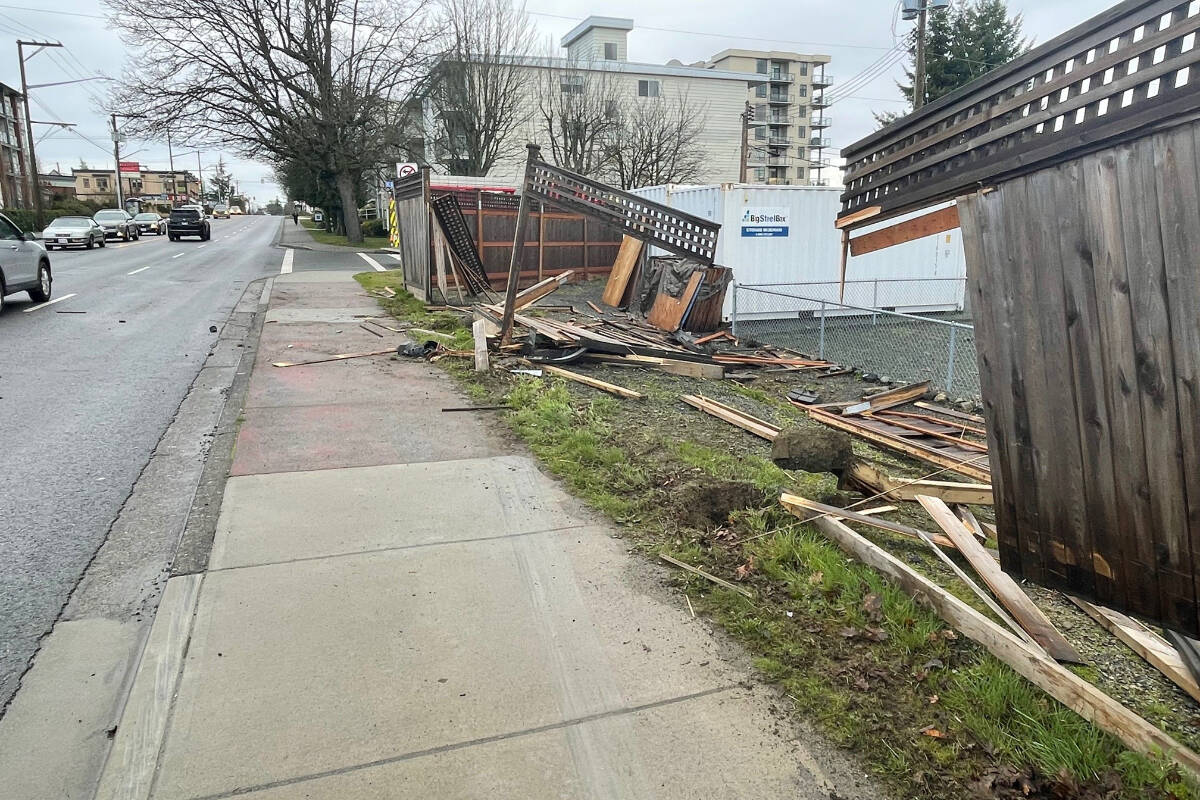 Nanaimo RCMP are looking for the driver of a car that crashed through a supportive housing complex’s fence Tuesday, March 15. (Photo submitted)